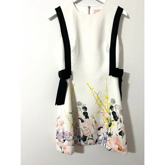 Ted Baker White Floral London Marzy Elegance Bow A-Line Dress Size 2 - Picture 3 of 7